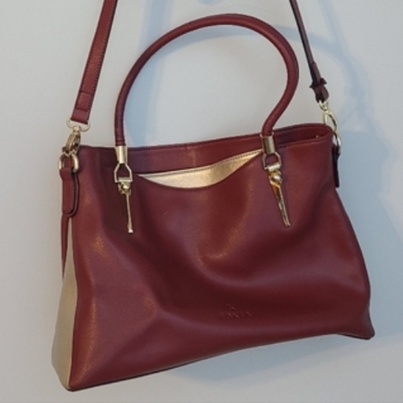 Foxer Red Gold Leather Shoulder Bag Large Tote Purse Handbag Satchel 2 Handle - Picture 2 of 15